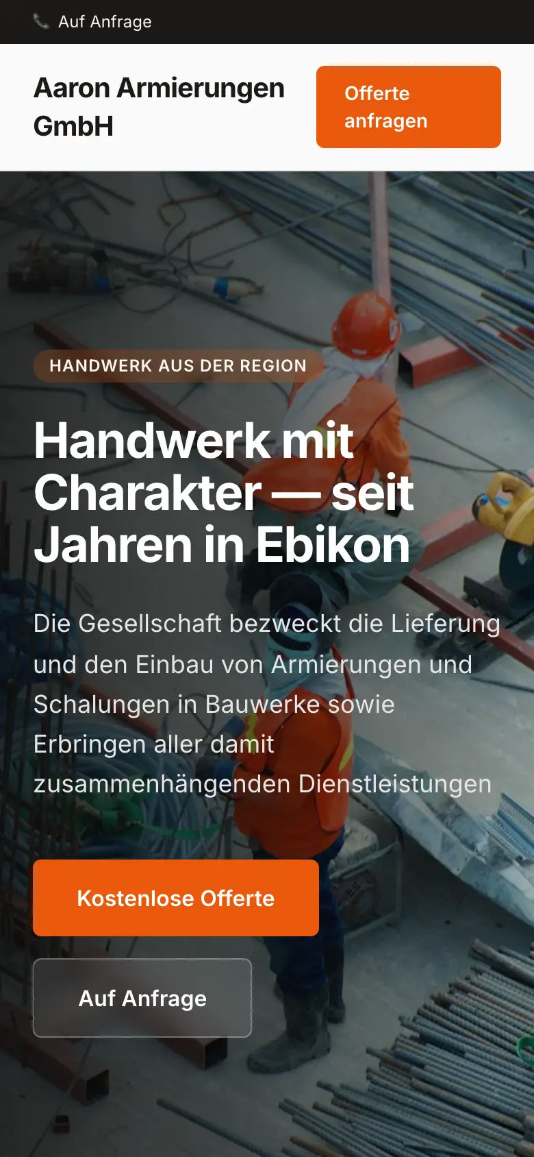 Mobile Ansicht der Aaron Armierungen Website