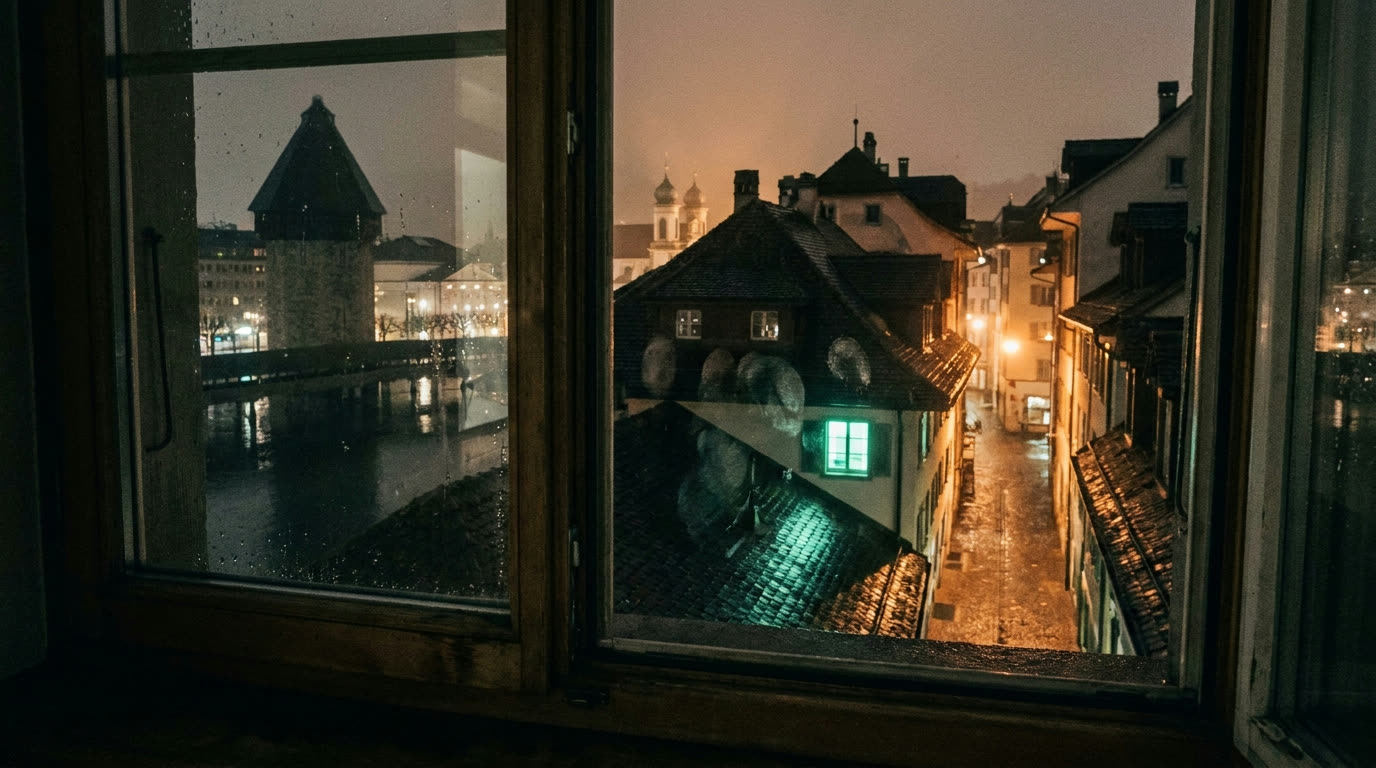 Luzern bei Nacht — ein einzelner Lichtstrahl steigt über der Altstadt auf