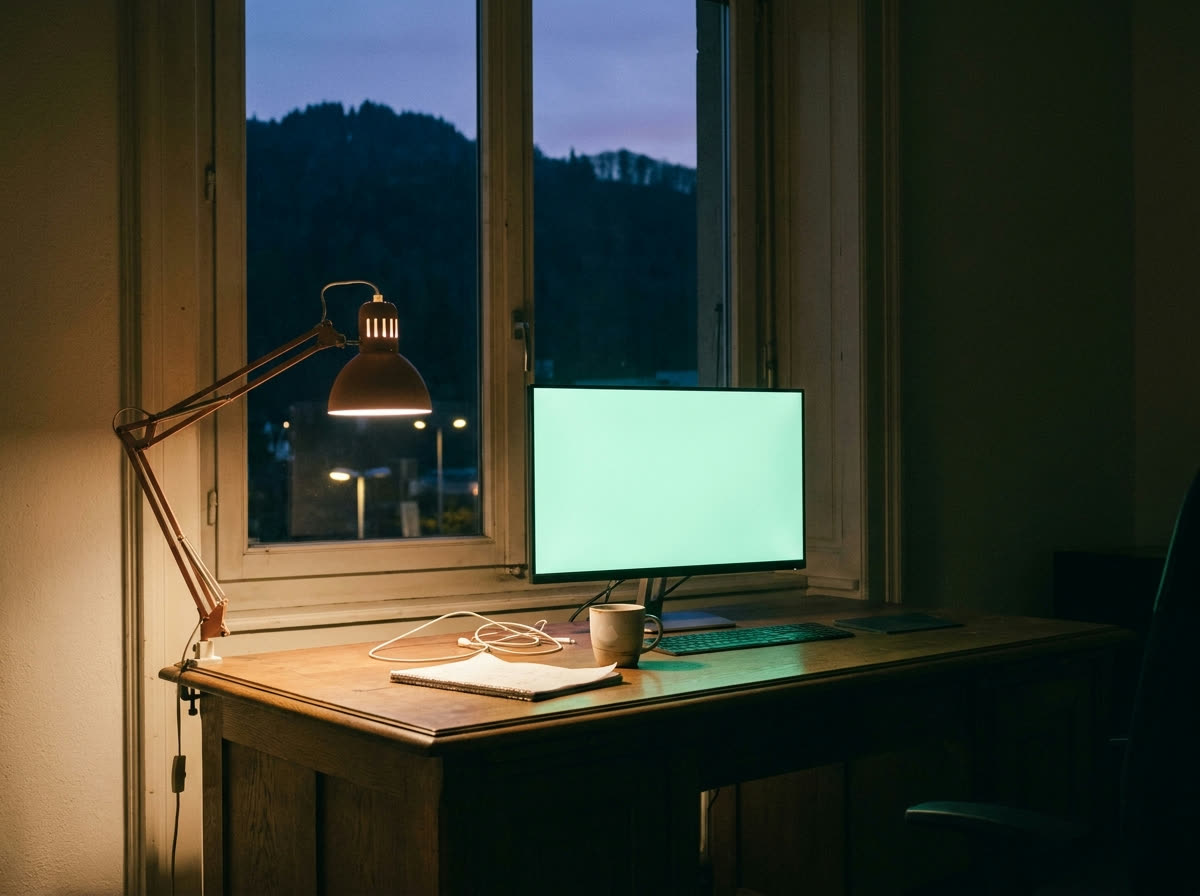Studio in Luzern in der Abenddämmerung: Schreibtisch mit leuchtendem Monitor, Bergkamm im Fenster