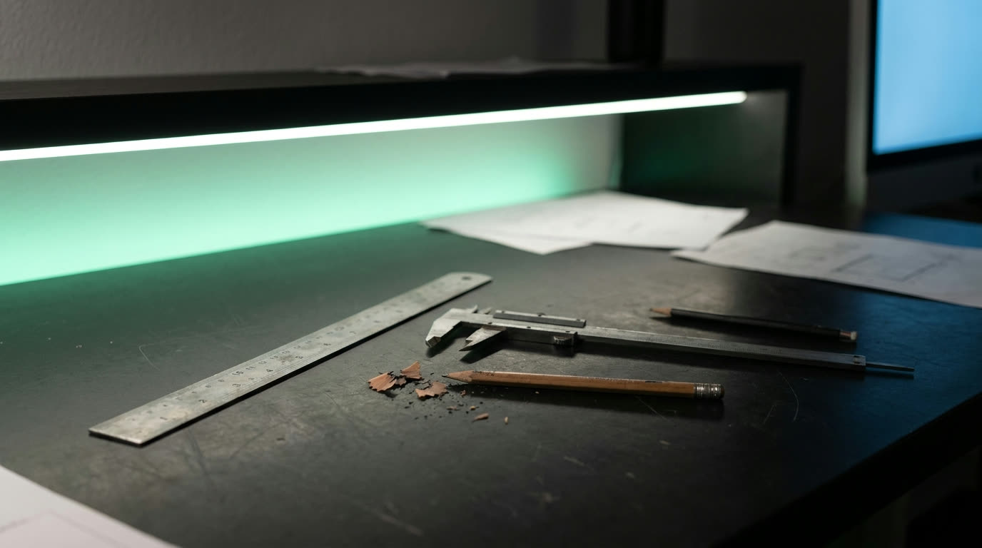 Werkbank im Studio: Präzisionswerkzeug unter Mintlicht — Handwerk, wie wir Websites bauen